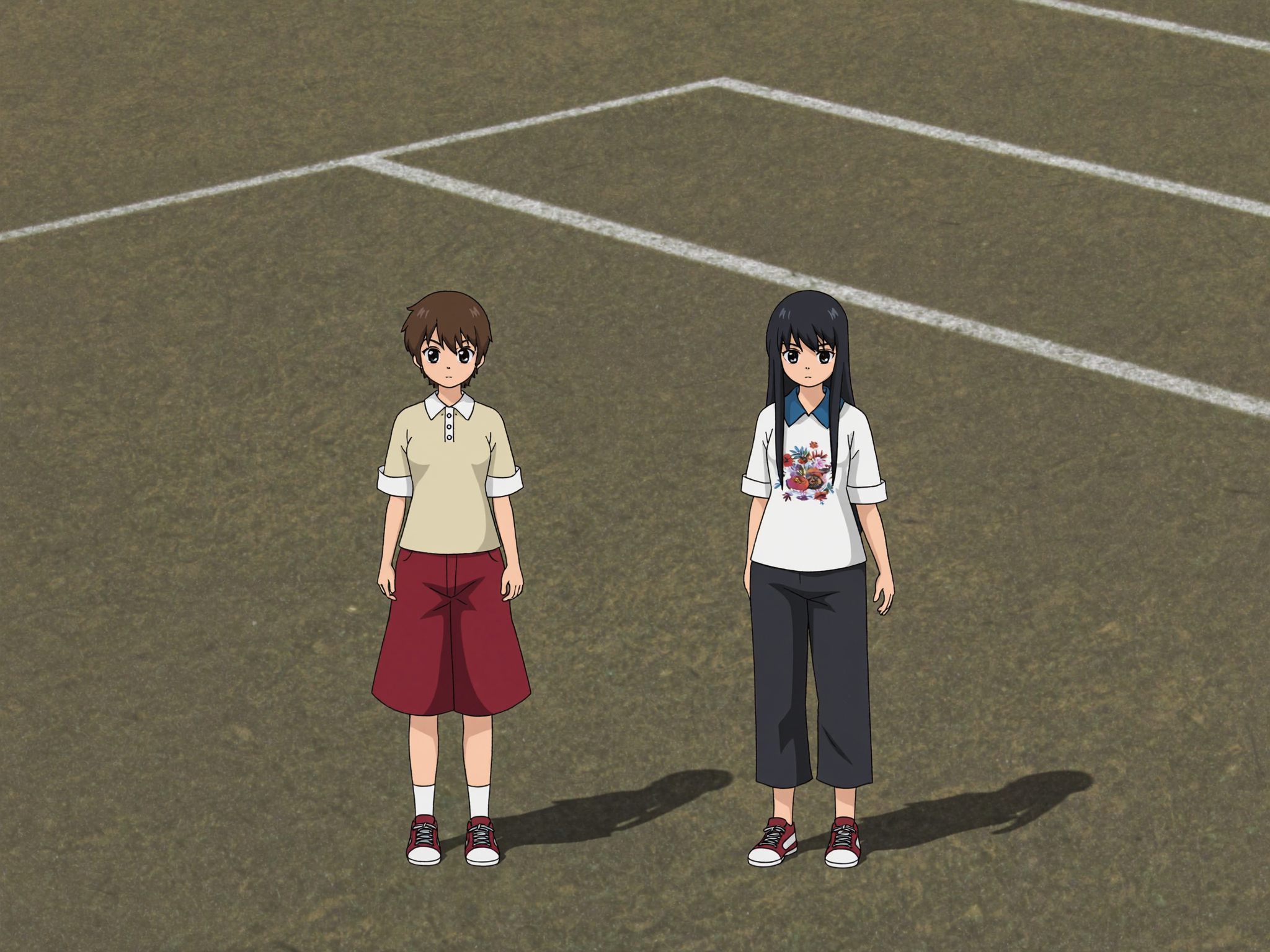 Stylised anime game characters in a simple outdoor scene