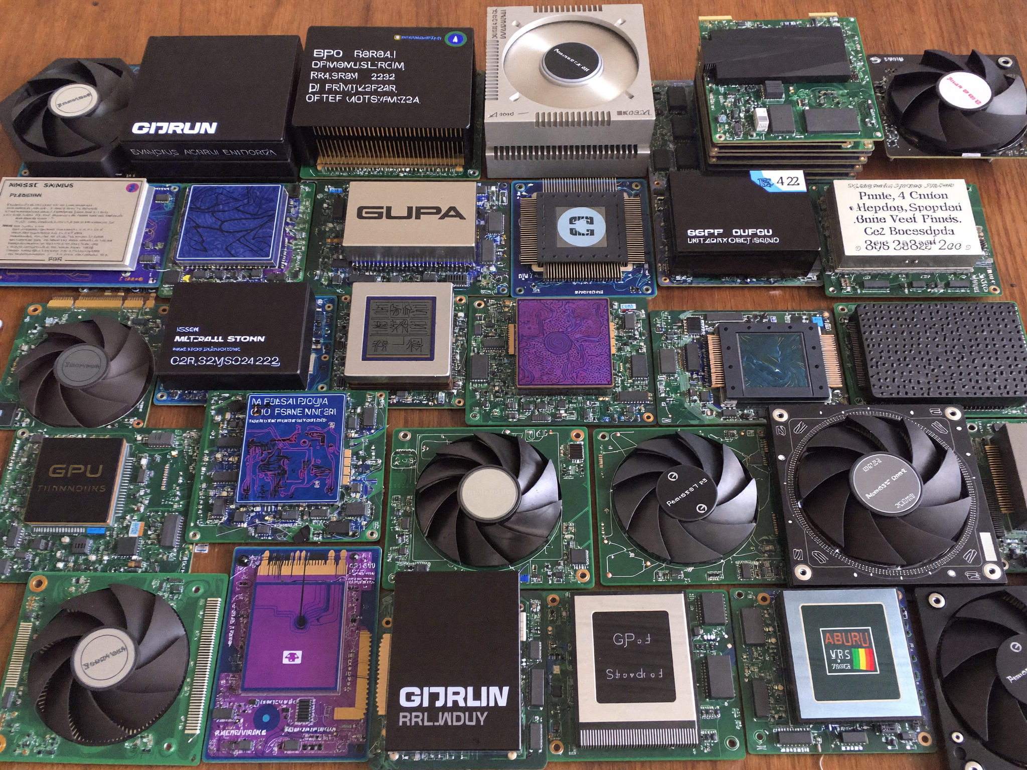 Large collection of graphics cards, GPU chips and circuit boards from different generations