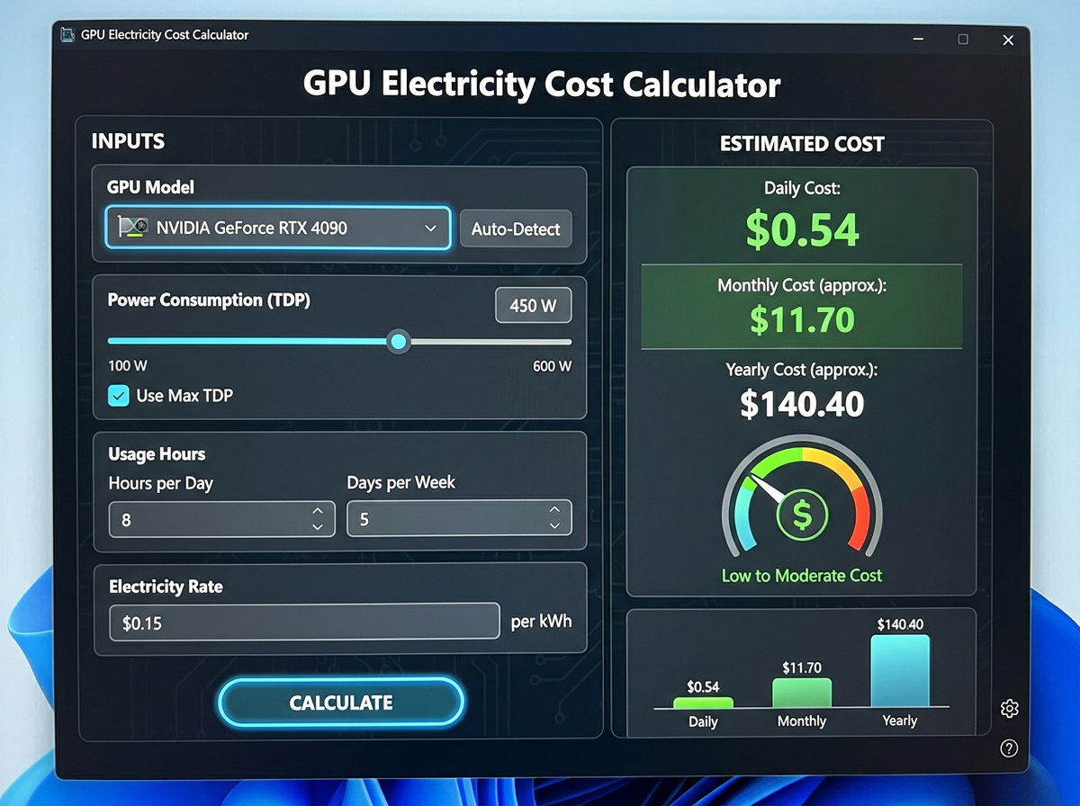 GPU electricity cost calculator Australia graphic for graphics card power usage and electricity spending