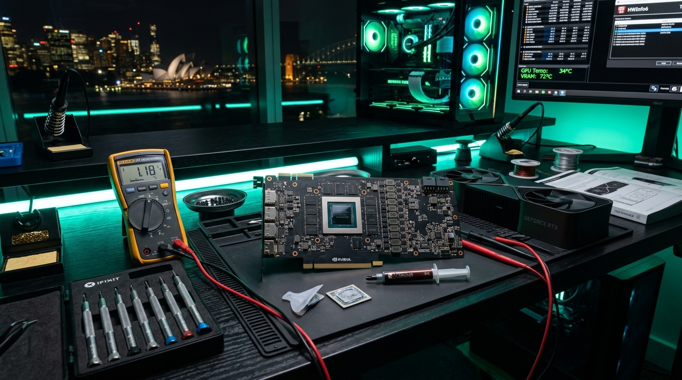 Hardware testing workbench with disassembled GPU PCB and precision diagnostic tools