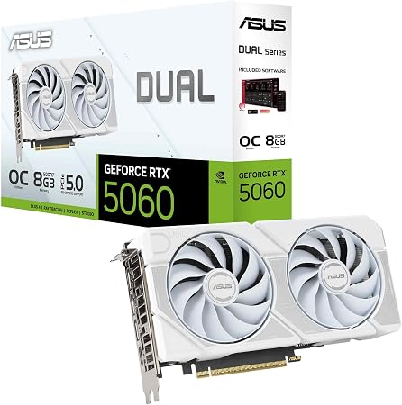 ASUS Dual GeForce RTX™ 5060 8GB GDDR7 White Edition (PCIe 5.0, 8GB GDDR7, DLSS 4, HDMI 2.1b, DisplayPort 2.1b, 2.5-Slot, Axial-tech Fan Design, 0dB Technology, Dual BIOS and More)