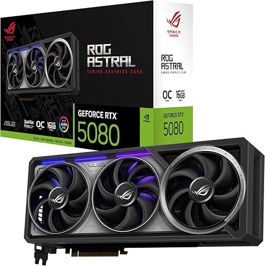 ASUS ROG Astral GeForce RTX 5080 16GB GDDR7 OC Edition Gaming Graphics Card (Nvidia GeForce RTX5080, Four Fans, PCIe 5.0, 2X HDMI 2.1b, 3X DisplayPort 2.1a, ROG-ASTRAL-RTX5080-O16G-GAMING)